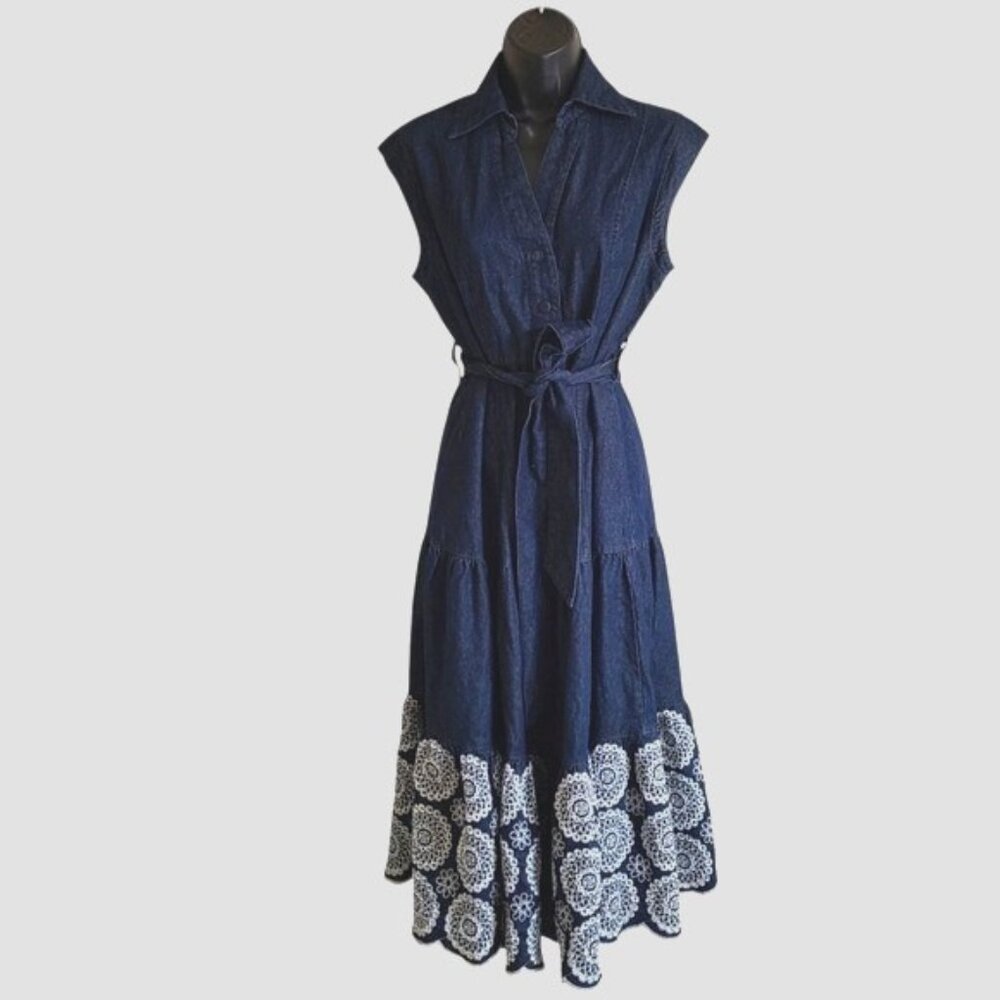 Solitaire Denim Sleeveless Button Down Belted Midi Jean Dress XS - Picture 8 of 8